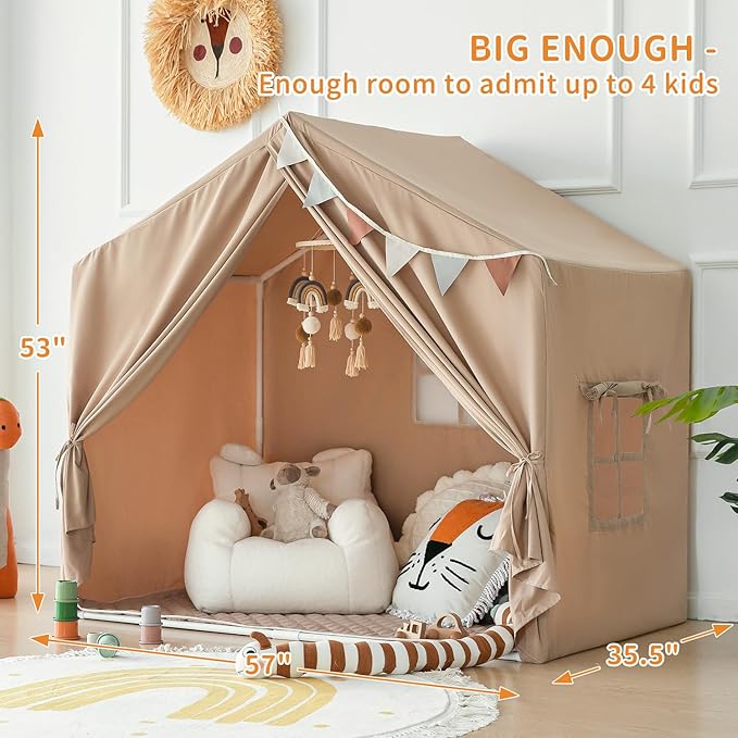 Kids Play Tent with Mat, Large Playhouse Tent Indoor, Kids Castle Tent for Girls Boys, Play Cottage (Khaki)