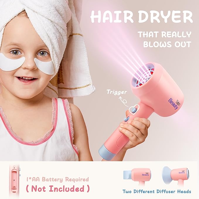 Toy Choi's Kids Hair Salon Toys - Kids Barber Set Pretend Play Makeup Hair Salon Set for Girls with Realistic Blow Dryer, Comb, Carrying Case. Birthday Gifts Hair Salon Toys for Girls 3 4 5 6 Year Old