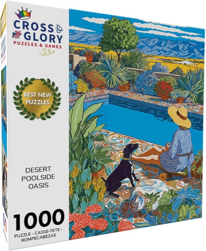 Cross & Glory - Desert Poolside Oasis - 1000 Piece Jigsaw Puzzle for Adults | Vibrant Desert Landscape and Pool Scene for Nature Lovers