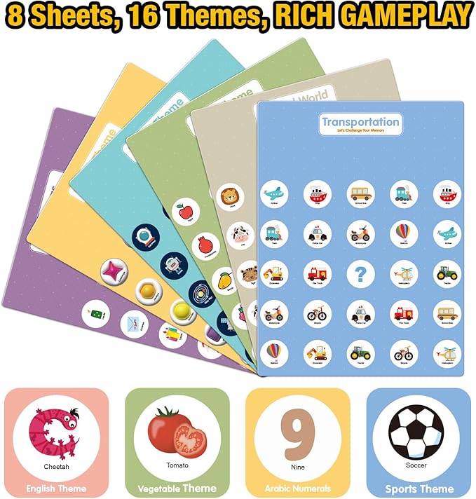 Matching Memory Game for Kids Ages 3 4 5 6 7 8 9, 8 Double-Sided Cards Board Games Toddler Travel Toys for 3-8 Years Old Boys Girls, Road Trip Essentials Airplane Car Activity Christmas Birthday Gifts