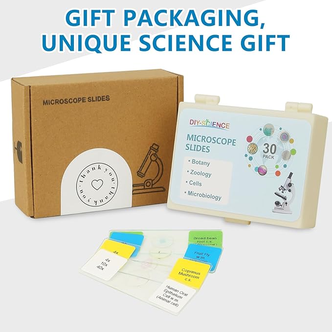 Microscope Slides with Specimens for Kids, 30 Lab-Grade Prepared Microscope Slides, Animal Plant Microbe Cells, STEM Biology Kit for Kids Ages 6-8 Homeschool, Classroom Labs & Science Education