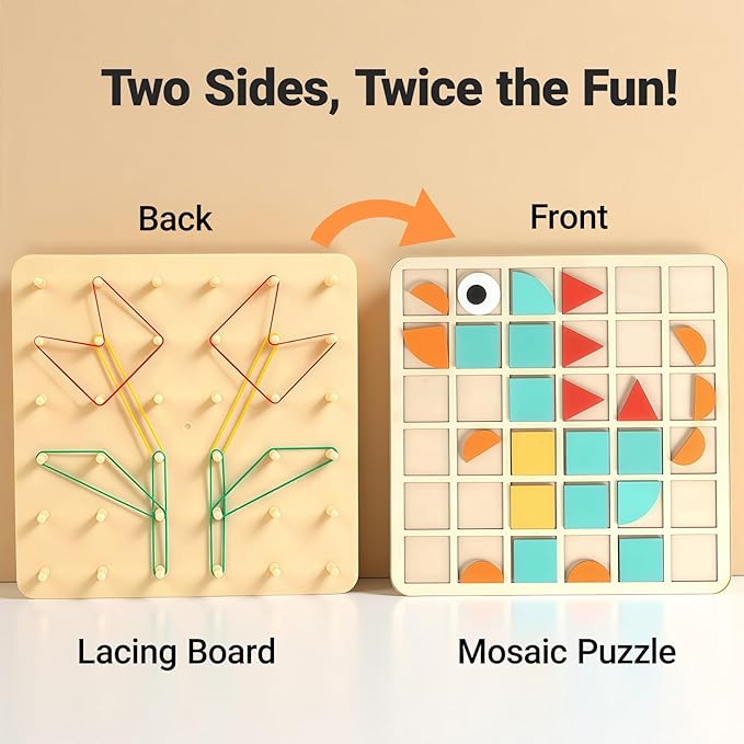 2-in-1 Wooden Geoboard & Mosaic Geometric Shape Pattern Blocks Puzzle,Double-Sided Montessori with 120 PCS Blocks, 40 Rubber Bands, 30 Cards,Brain Teaser