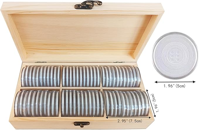 20-46 mm Wooden Coin Holder, 60 Pcs Highly Transparent Capsules With Foam Gasket, Collector Case, Professional Storage Box for Collection (Wood Color)