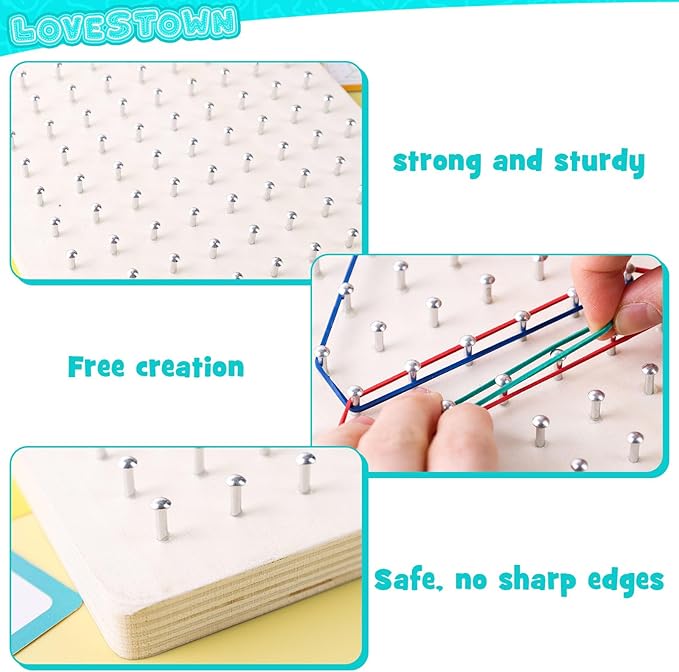 LovesTown Wooden Geoboard Montessori Toys for Kids Graphical Geo Board with Rubber Bands Educational Brain Teaser Toys for Boys Girls