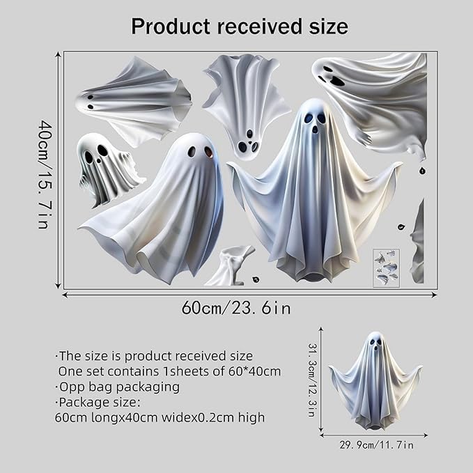 1 Sheet Halloween Ghost Window Clings for Glass Windows Cute White Little Ghost Double Sided Window Stickers Halloween Window Clings for School Home Office Decoration Party Supplies