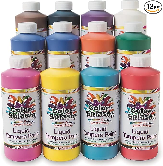 S&S Worldwide Color Splash! Liquid Tempera Bulk Paint, Set of 12 in 11 Bright Colors, 16-oz Easy-Pour Squeeze Bottles, For Arts & Crafts, School, Classroom, Poster Paint, For Kids & Adults, Non-Toxic.