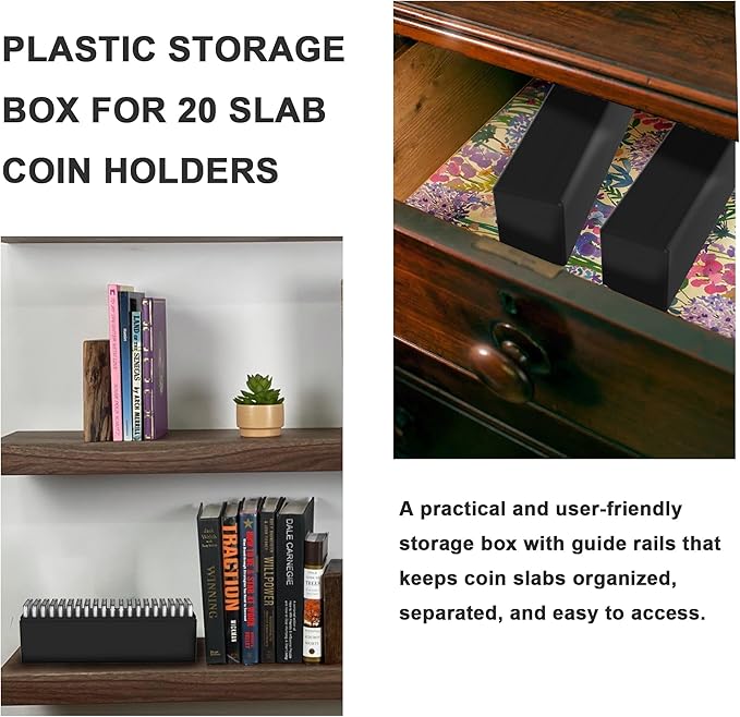 Plastic Coin Slab Storage Box – 20-Slot Coin Holder Organizer Case Fits for PCGS NGC PMG PCCB Slabs, Secure Coin Collection Box for Collectors, Home, Office, Bank Use (Box Only, Black)