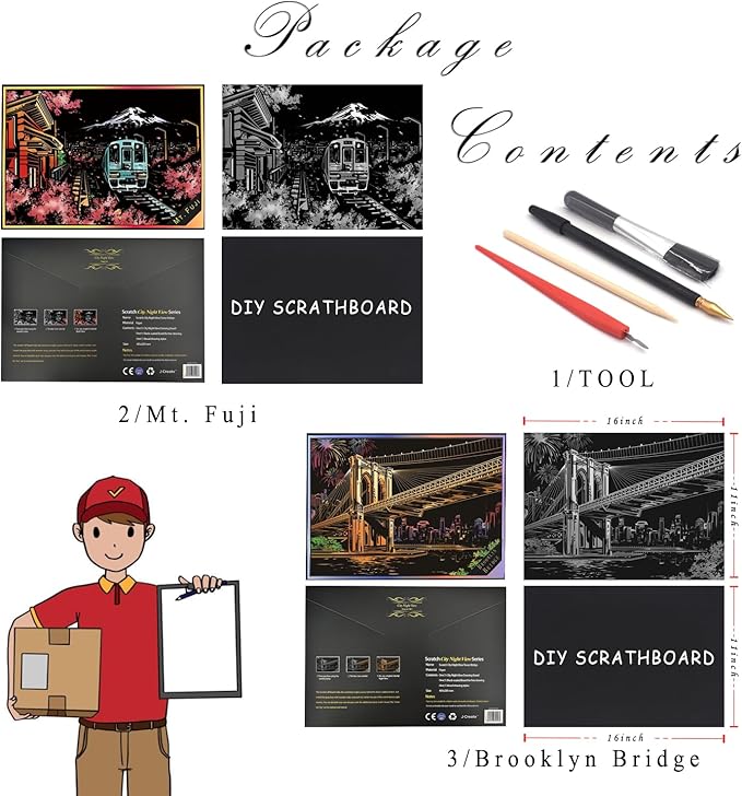 Scratch Rainbow Painting Art Paper,Scratch Art Crafts Set for Adults&Kids,Scratch Painting DIY Creative Gift with 4 Tools,16''x11''(Mt. Fuji&Brooklyn Bridge)