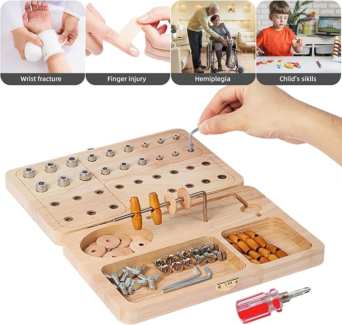 Wooden Pegboard for Finger Dexterity, Upgraded 36-Hole Wooden Hand Therapy Peg Board with Multifunctional Test Kit, Occupational Therapy Toys to Improve Fine Motor Skills and Hand-Eye Coordination