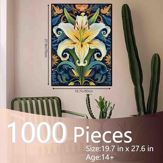 White Lily Flower Jigsaw Puzzle 1000 Pieces Puzzles for Adults,Green Plant Jigsaw Puzzles for Challenging Family Activity Games Colorful Russian Palekh Puzzle for Home Decor Gifts - 20 x 27 Inch