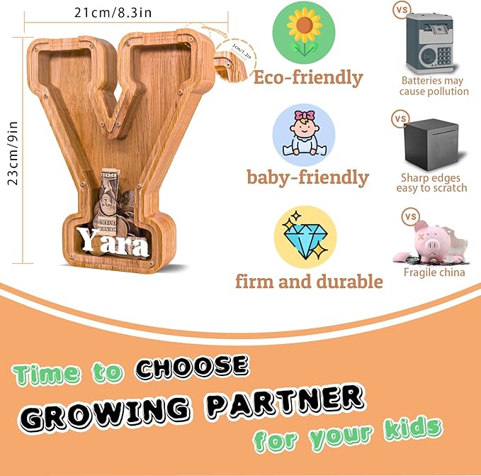 Wooden Letter Piggy Bank for Kids Larger Letter Piggy Bank for Boys and Girls Personalized Piggy Bank Initial Coin Bank Wood Kids Money Bank for Birthday and Festival