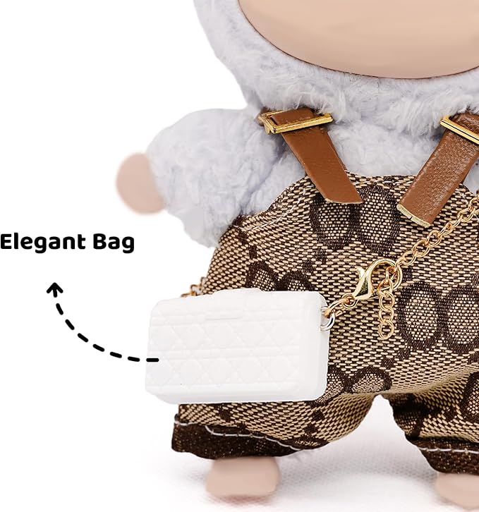 Clothes Compatible with Labubu 17cm Dolls, Premium Handmade Dolls Accessories with Chic Grid Hat & Rompers & Bag 3 Piece Set, High-End Fashion Outfit for Play & Display, No Doll, Brown