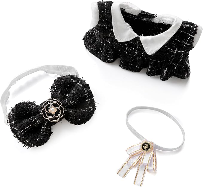 17cm Doll Clothes for labubu - Luxury Chic Style Set for 17cm Dolls, Premium Doll Outfit with Accessories - Black Plaid Tweed Dress + White Necktie + Plaid Bow (Clothes Only)