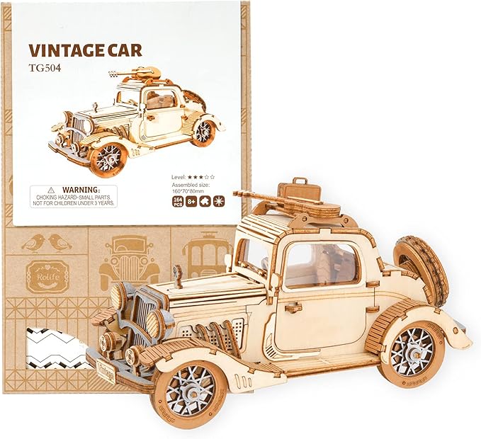 ROBOTIME 3D Wooden Puzzles Car DIY Model Kits to Build Wooden Model Vintage Car Craft Gift for Collection Lover