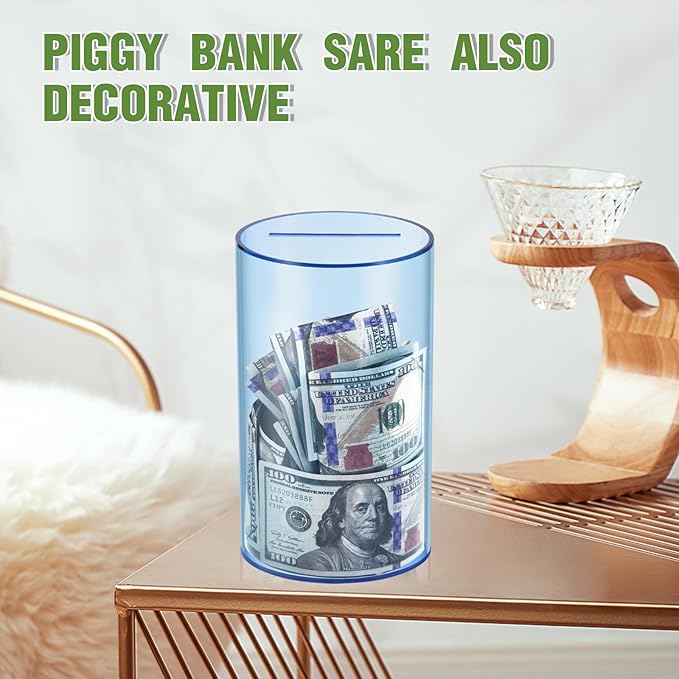 Clear Piggy Bank for Adults/Kids, Acrylic Unopenable Money Box for Cash Coin Saving, Must Break to Open, Money Saving Jar for Adults Boys Girls, Size 8" H x 5" Diameter(Blue)