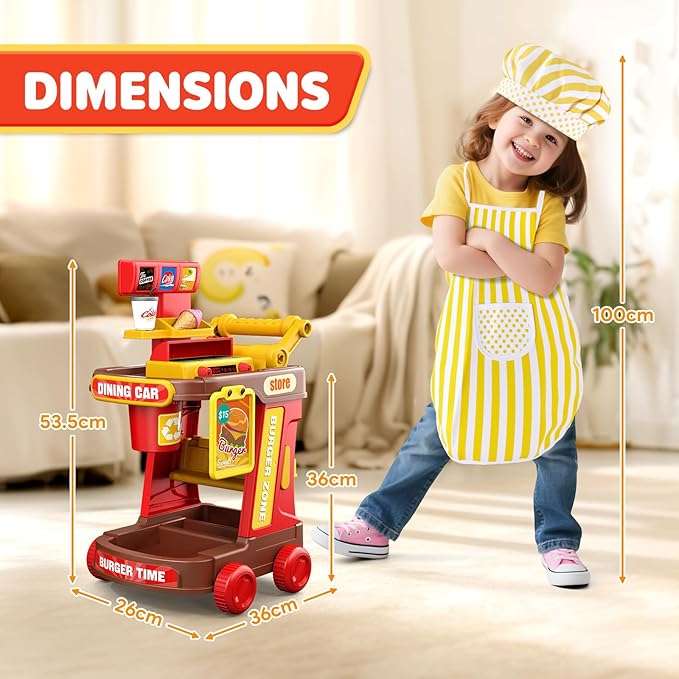 Kids Kitchen Playset - Pretend Play Restaurant Food Set for Toddlers with Cart, Grill and Apron Play Kitchen Toys Accessories with Lights and Sounds Christmas Birthday Gift for Kids Girls Boys Ages 3+