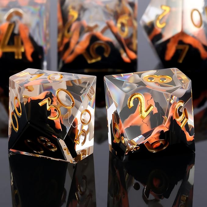 DNDND Volcanic Sharp Edge Resin Dice Set - 7PCS Lava Flow DND Dice for Dungeons and Dragons with Metal Case, Precision Polyhedral RPG Dice Gift for Gamers