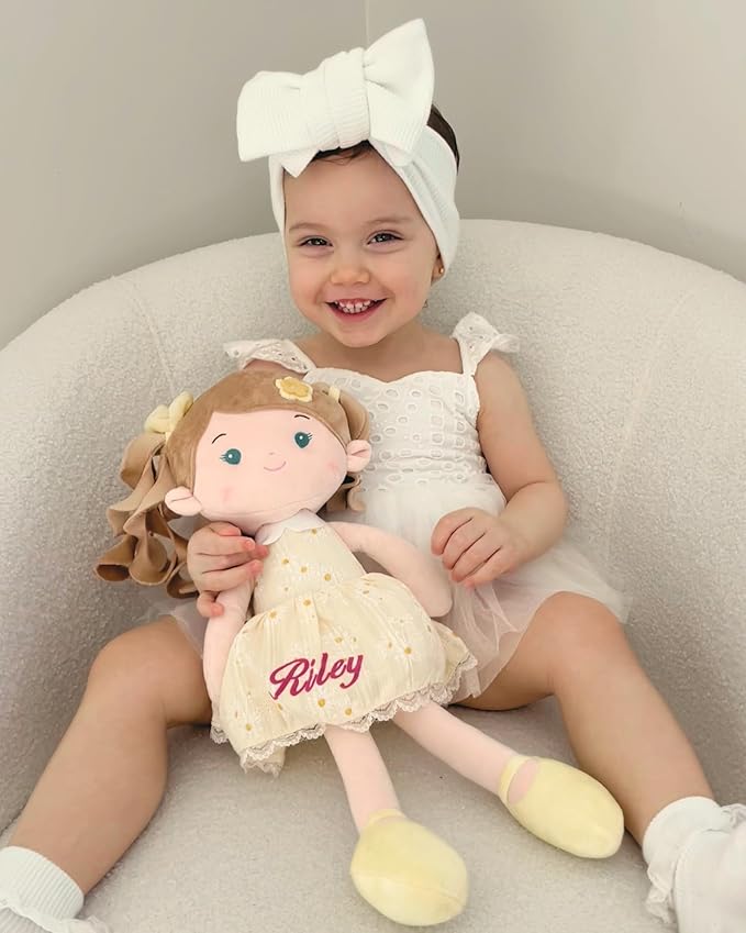LeyaDoll Personalized Soft Baby Doll Toys (16''), My First Baby Rag Doll for 1 Year-Old Girl Birthday Gift, Christmas Plush Toys Gift for Toddler Kids Infants-Daydream Daisy Girl-Yellow