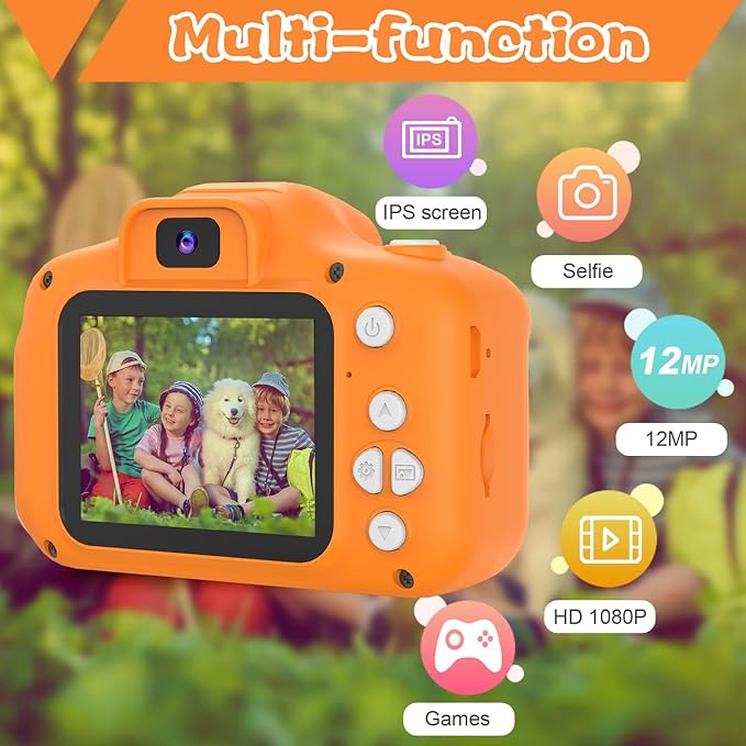 PROGRACE Orange Kids Camera, Birthday for Girls and Boys Ages 3-12, HD Digital Video Camera for Toddlers, IPS HD Screen, Portable Toy with 32GB SD Card