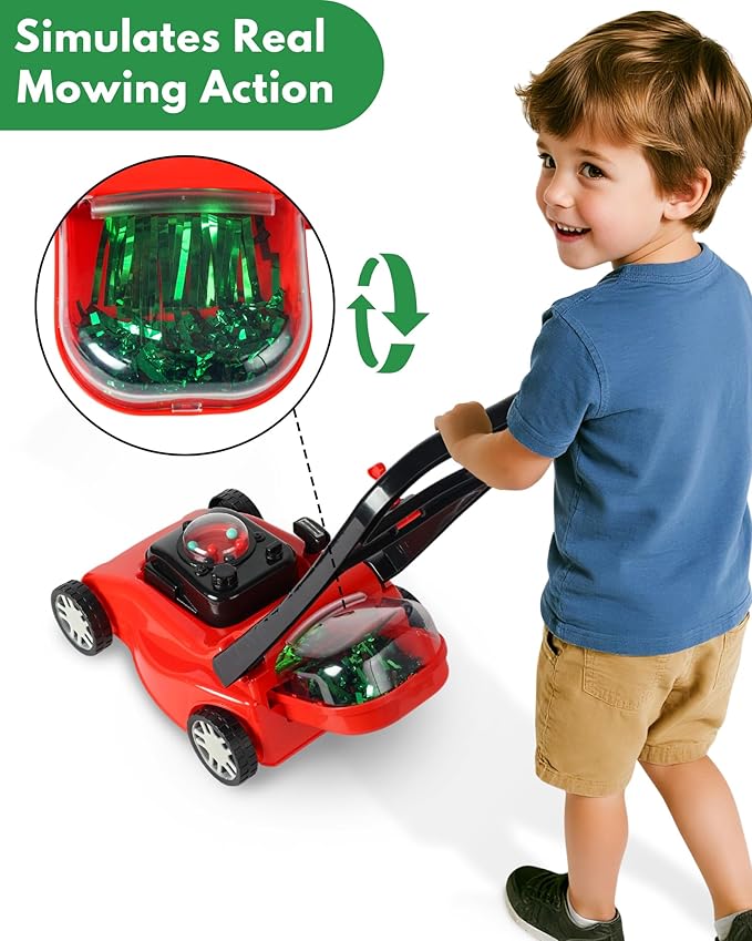 Kids Lawn Mower with Realistic Grass-Cutting Action and Sounds – No Batteries Required | Fun Outdoor Push Toy, Birthday Gift & Halloween Present for 3, 4, 5, 6, 7, 8 Year Old Boys and Girls (Red)