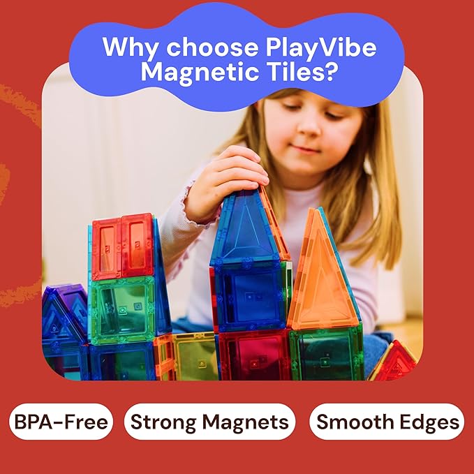 PLAYVIBE Magnetic Tiles - 60 Piece Set, Multicolor - Hands-On STEM Play & Stem Toys - Strong Magnets & Magnetic Tile Blocks - Sensory Toys & Car Creations