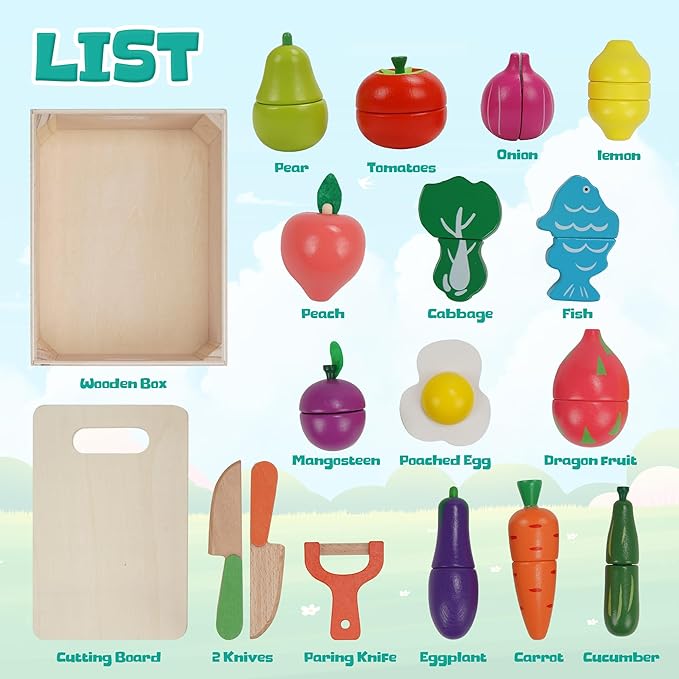 Wooden Play Food for Kids Kitchen, 32PCS Pretend Cutting Fruits Vegetables Food Play Toy Sets, Early Education Montessori Kid Toys, for Toddlers and Kids Ages 3+