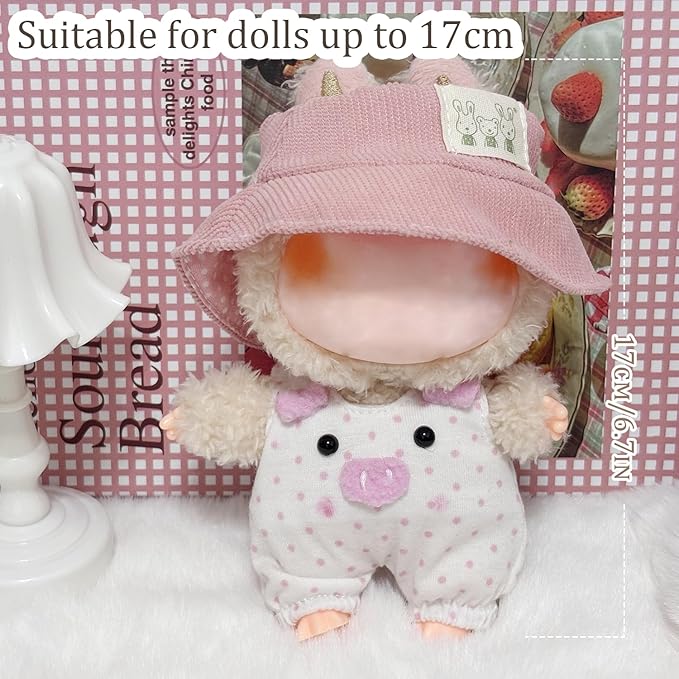 17cm Clothes Set(NO Doll), Hat & Cute Piggy Overalls Set Accessories for Doll, Premium Fashion 17cm Outfit (Pink Pig)