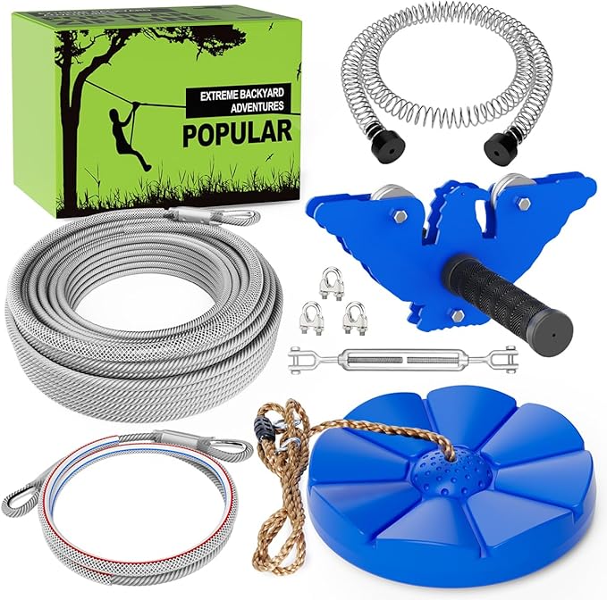 X XBEN Zip line Kits for Backyard, Zip Lines for Kid and Adult, Included Swing Seat, Ziplines Brake, and Steel Trolley, Outdoor Playground Equipment (65FT)