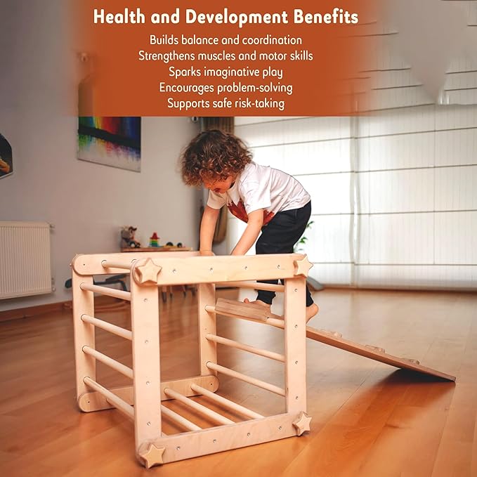 Montessori Climbing Cube and Triangle for Kids | Foldable Climbing Set | Indoor Activity Cube | Climbing Set with Cube and Triangle for Toddler | Foldable Wooden Jungle Gym (CUBE+TRI+RAMP R)