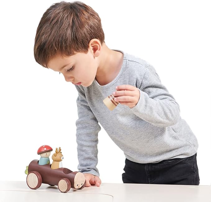 Tender Leaf Toys - Timber Taxi - Wooden Log Shaped Push Vehicle with 3 Removeable Characters - Open-Ended Play Toy, Explore Role-Play and Imagination for Boys and Girls - Age 18m+