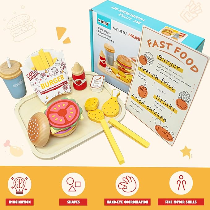 Wooden Play Fast Food Set Play Kitchen Accessories, Pretend Play Food Hamburger French Fries Toy, Restaurant Play Set Role Play Toys for Toddlers,Educational Birthday Gifts for Boys Girls