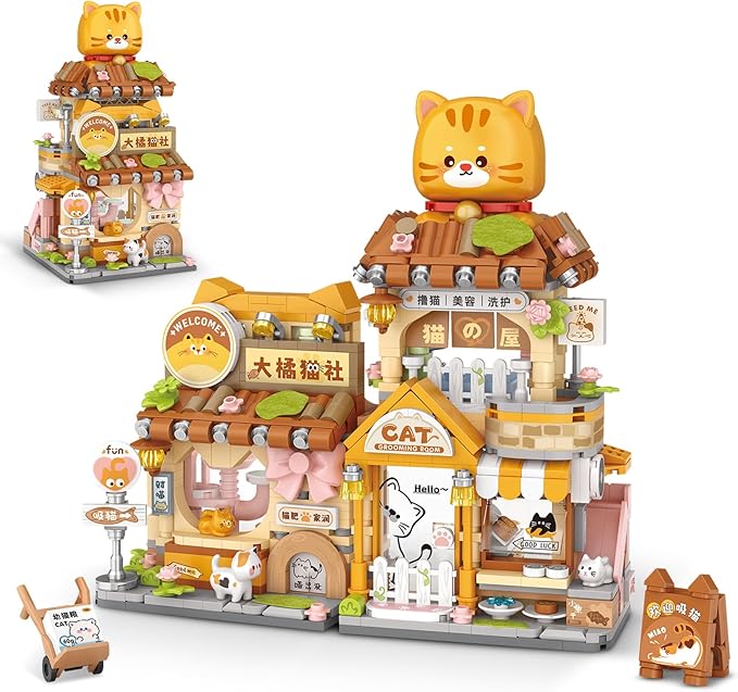 Street View Cute Cat Shop Mini Building Blocks, MOC Creative Building Toys Cute Animals Building Set for Girls 6-12, Simulation Architecture Construction Toy, Gift Idea for Kids Adults (917 PCS)
