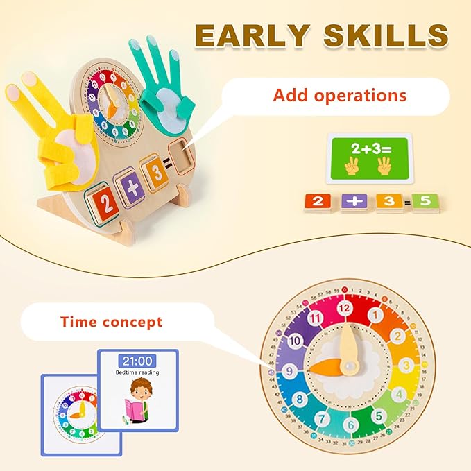 Educational 2 in 1 Math Manipulatives Number Counting Blocks & Teaching Clock for Kids, Preschool Learning Toys for Toddlers 3-5, Montessori Toys for 3-5 Year Old Boys Girls Birthday Gifts