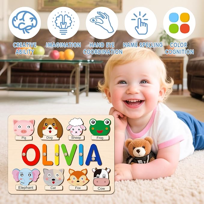 Personalized Name Puzzle for Toddlers 1-3, Custom Wooden Puzzle with Animal Names & Patterns, Montessori Learning Toy, Unique Baby Shower for Boys & Girls