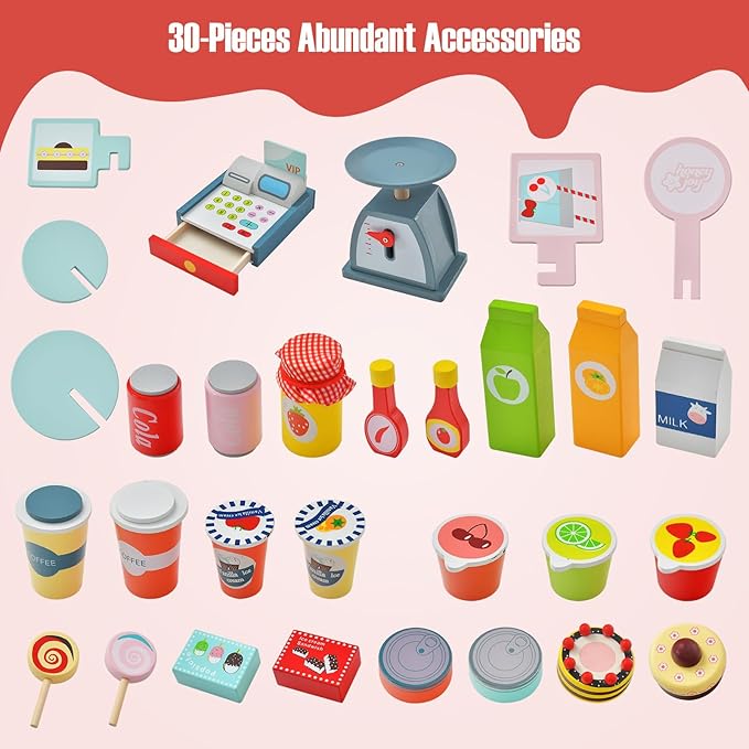 Costzon Kids Grocery Store Playset, Toddler Pretend Market Stand Shop Play Set w/ 30PCS Play Toy, Beverage Rack, Cash Register, Scale, Large Wheels, Wooden Food Cart, Gift for Boys Girls 3+ (Pink)