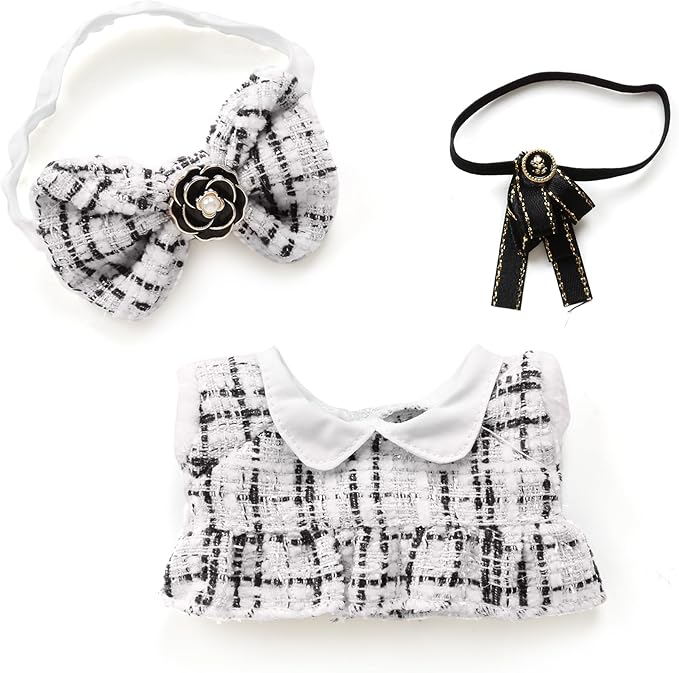 17cm Doll Clothes for Labubu - Luxury Chic Style Set for 17cm Dolls, Premium Doll Outfit with Accessories - White Plaid Tweed Dress + Black Necktie + Plaid Bow (Clothes Only)