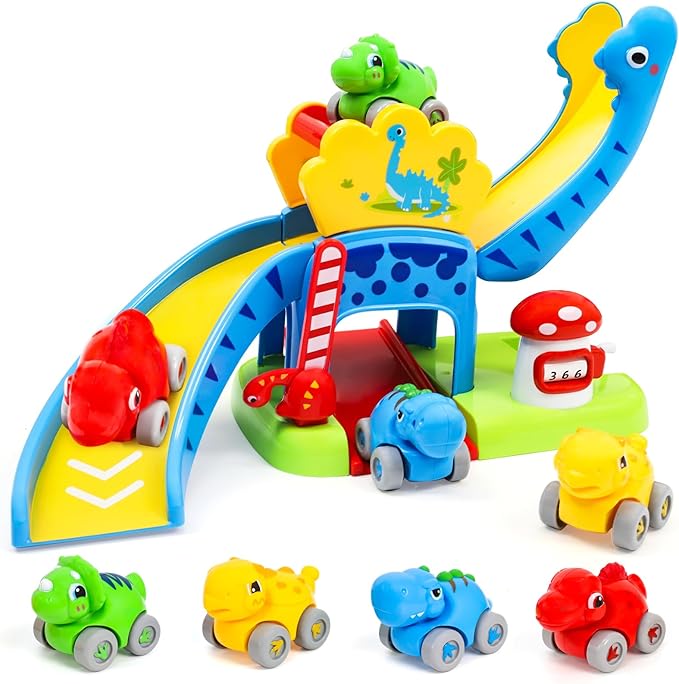 Toddler Toys for 1-3 Year Old Boys and Girls Gifts, Dinosaur Slide with 4 Dino Cars Montessori Toys Set for Baby 12-18 Months, Educational First Birthday Gifts Learning Push Track for Children Age 1-3