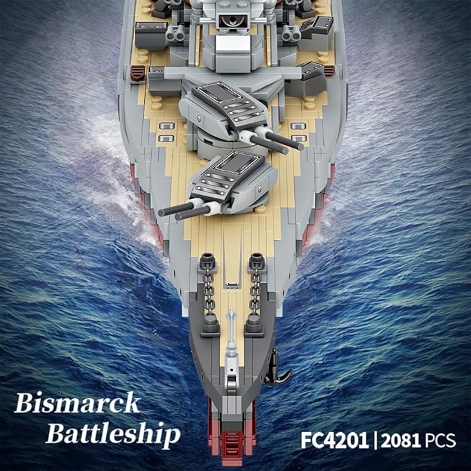 MISINI Technik FC4201 German Battleship Bismarck Clamp Blocks, 2081 PCs/MOC Large WWII German Military Warship Marine Battleship Model for Adult