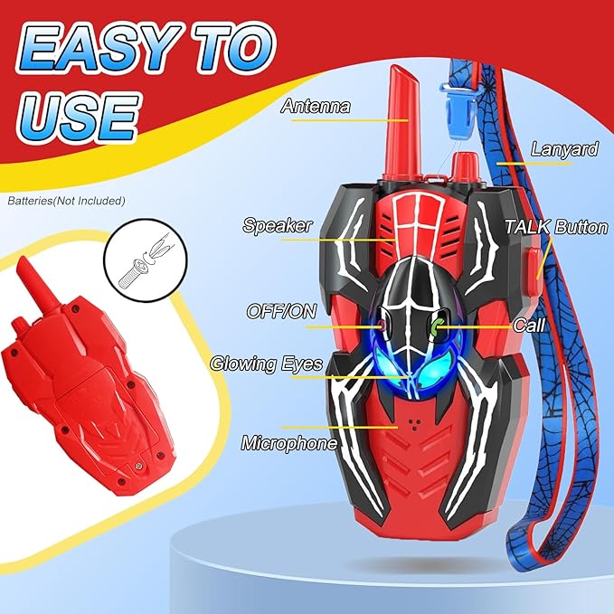 Walkie Talkies for Kids Long Range, Kids Walkie Talkies 2 Pack, Spider Toys for Boys 3-4 4-6 6-8 Outdoor Camping 2 Way Radio Toy, Birthday Toys for Ages 3-4 5-7 8-13
