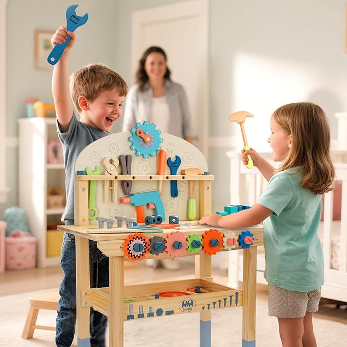 Tool Bench for Kids Toy Play Workbench Wooden Tool Bench Workshop Workbench with Tools Set Wooden Construction Bench Toy for 3 4 5 Year Old Boys and Girls