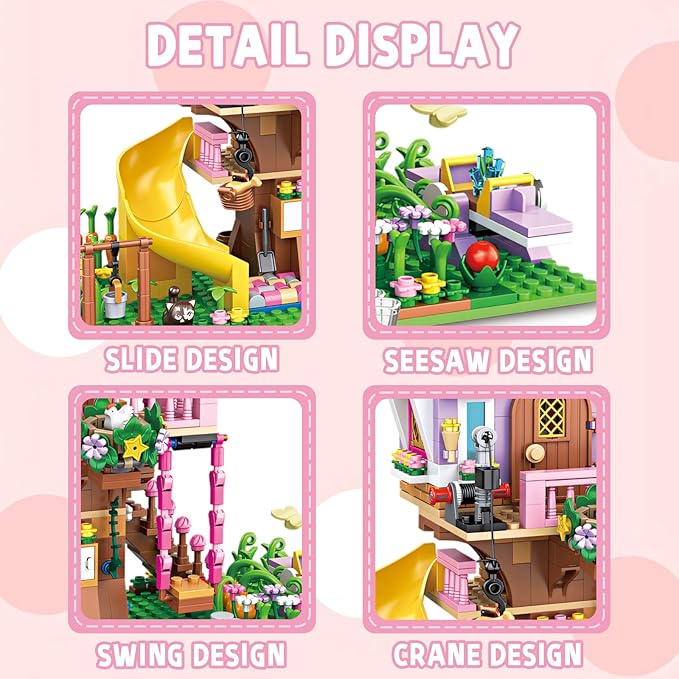 Creative Treehouse Building Blocks Toy Summer Tree House with Animals, Slide, and Picnic Table Fun Garden Playset for Girls and Boys