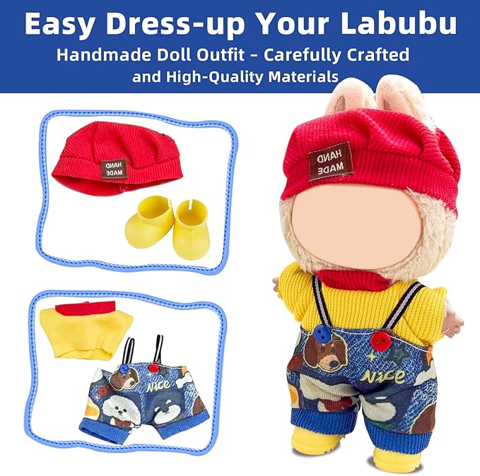 17cm Doll Clothes Set (No Doll), 4 Pieces Outfit Set for 6.7inch Dolls Suit, Fashion Clothes Accessories Dress-Up,Includes—Chic Hat+Top+Cute Overalls+ Shoes(Style B)