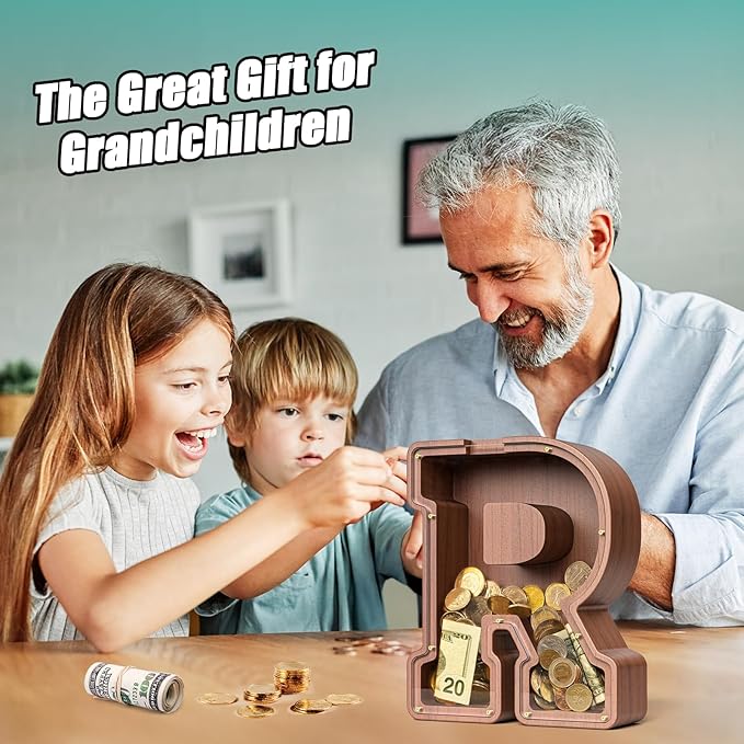 Summidate Wooden Letter Piggy Bank, Extra Thick Large Capacity Piggy Bank for Kids Boys Girls Toddler, Alphabet R Money Bank| Coin Box Birthday, Christmas, Festival