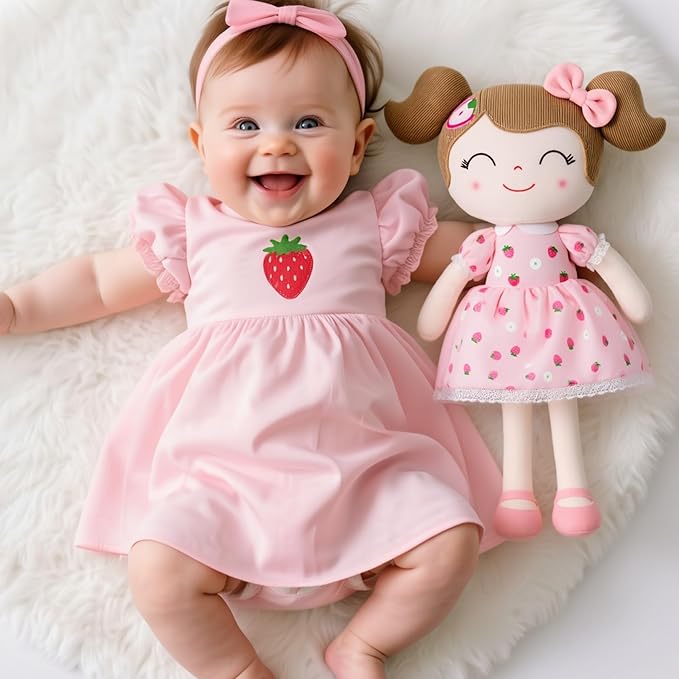 Gloveleya Baby Girl Gift – 16 Inches Strawberry Pink Plush Doll with Gift Box, Soft First Baby Doll for Toddler Girls, Birthday Present, Baby Shower & Holiday Keepsake