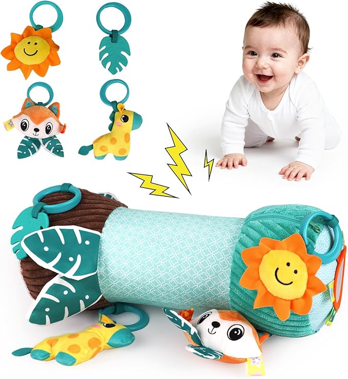Inflatable Baby Tummy Time Toys Pillow for Newborn, Montessori Baby Sensory Toys Roller with Detachable Mirror, Squeaker, Teether & Rattle, Help with Early Development 3-6 Months (Fox)