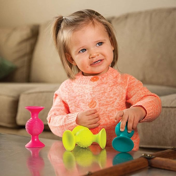 Fat Brain Toys Pipsquigz Whirly-Squigz Suction-Kupz Set - 12 Piece Early Learner Toys - 6 Suction Kupz Stacking Toys, 3 PipSquigz, 3 Whirly Squigz Spinners in Zippered Storage Case - BPA-Free Silicone