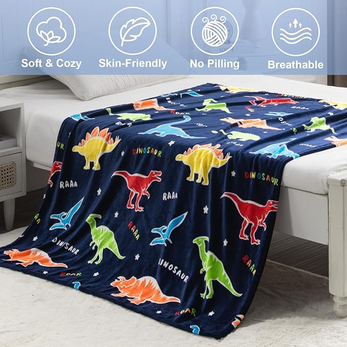 Dinosaur Toys Gifts for Boys Girls - Glow in The Dark Dino Blanket Best Christmas Birthday Valentines Easter Decor Presents for Kids Adults Women Mom Dad Child Teen Son Nephew Soft Plush Throw 60"x80"