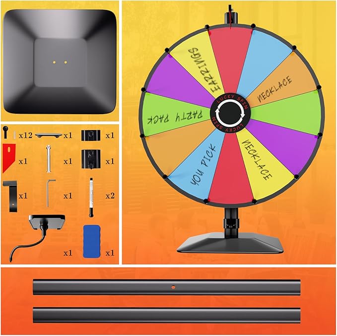 Heavy Duty Prize Wheel, 24 Inch Dual Use Prize Wheel,Adjustable Tabletop & Floor Stand, 12 Slots,1Bracket, Dry Erase Kit - Wheel of Fortune Game for Carnival, Casino & Trade Show.