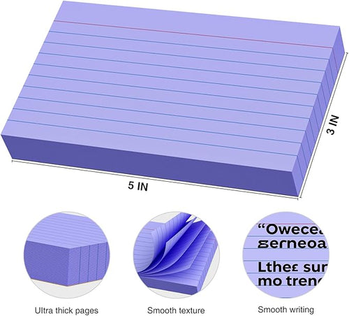 250 Count Index Cards 3x5 Inch 180gsm, Heavy Weight Purple Color Flash Card (50 Sheets Each), Note Taking for Students, Teachers, Professionals, Study Note Cards for Office Home School