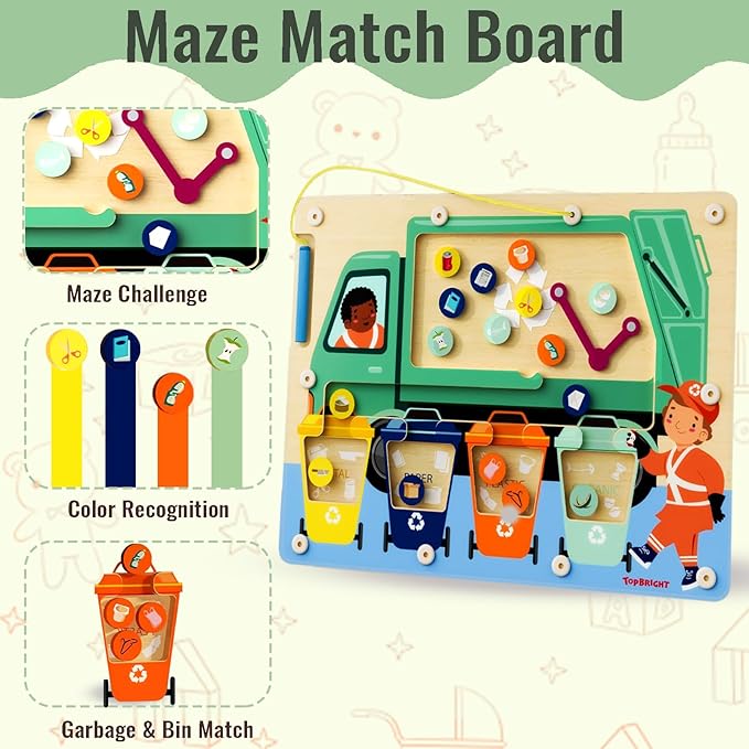 TOP BRIGHT Magnetic Color Maze Sorting Game Montessori Toys for 3+ Year Old, Wooden Garbage Recycling Game Toddler Travel Toys Fine Motor Skills for Boys Girls